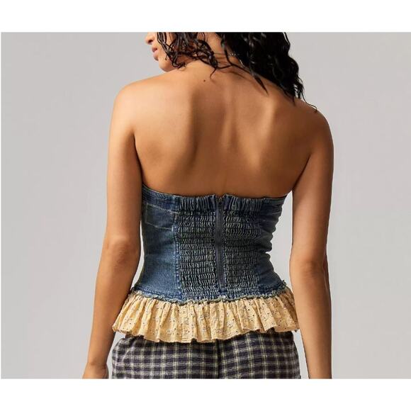 VTG Denim Corset Strapless Y2K Blue XL Baddie Strapless Peplum Frill Tube Top - Picture 3 of 10